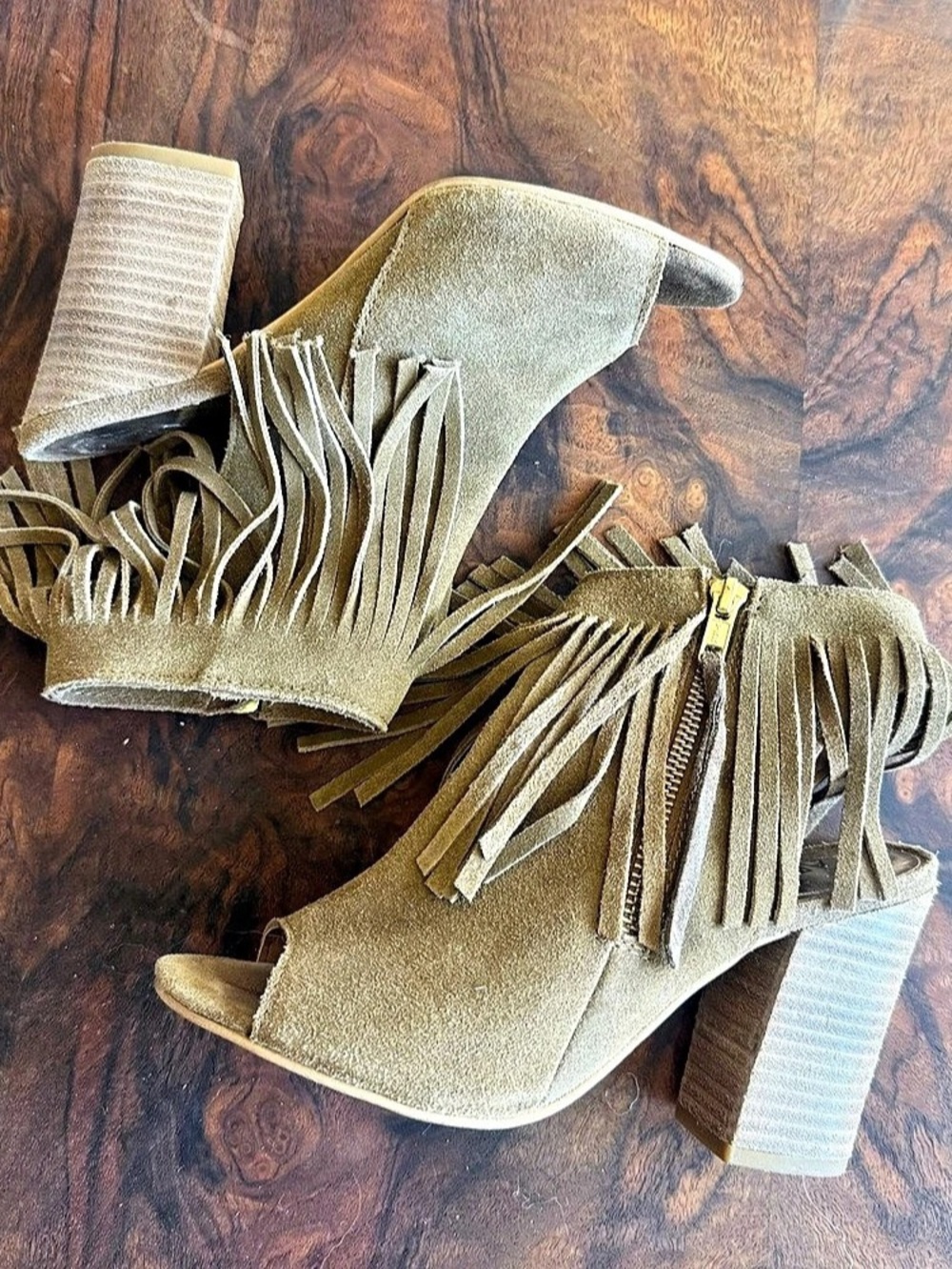 Fringe Block Heel Sandals in Brown